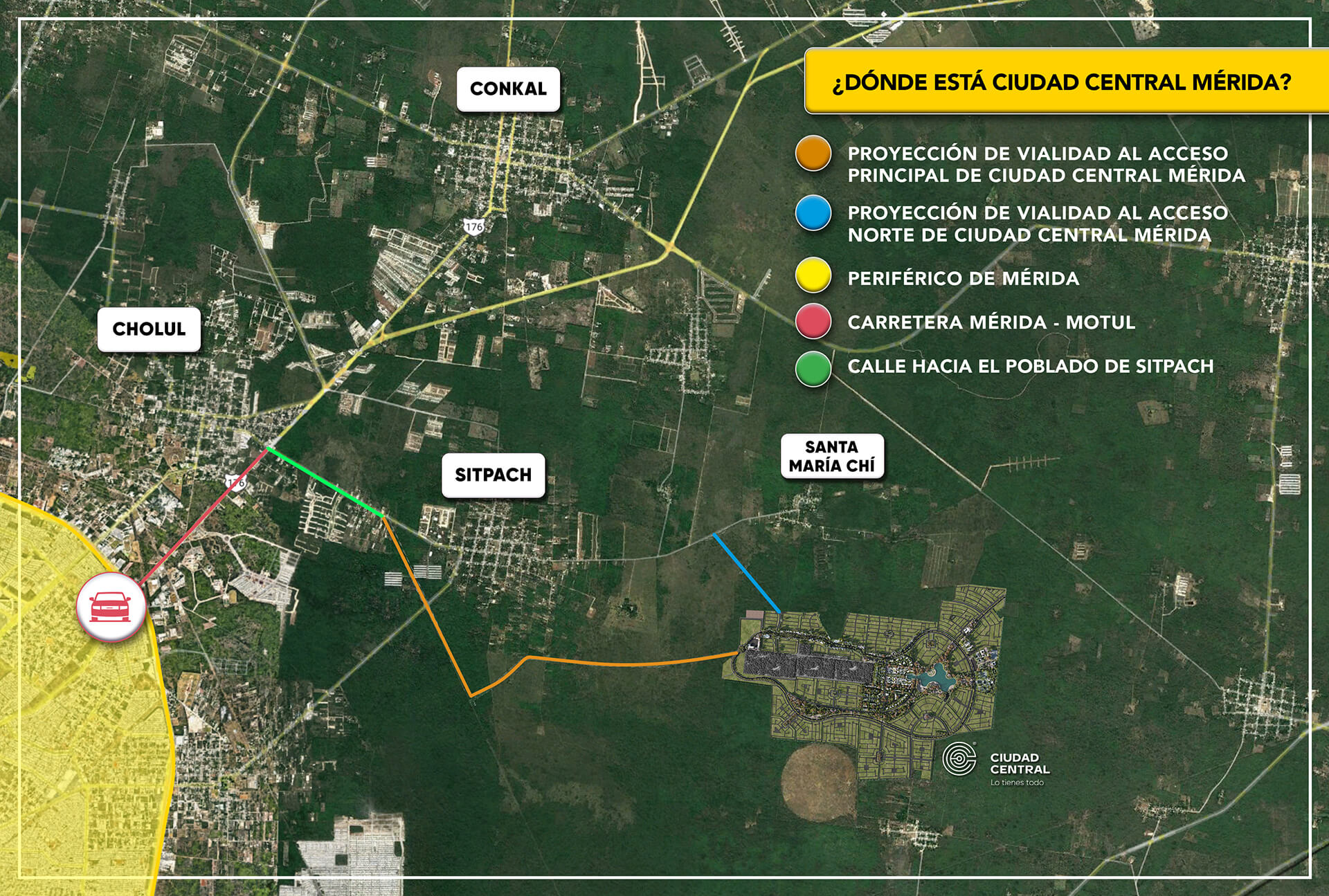 Mapa de ubicación Ciudad Central Mérida: vista satelital con accesos al periférico, carretera Mérida–Motul y poblados cercanos (Cholul, Conkal, Sitpach)