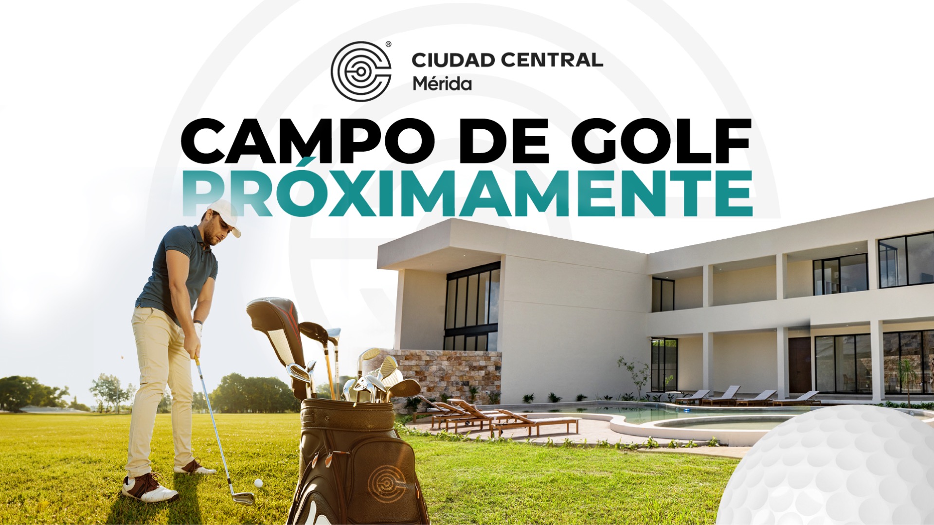 Gráfica promocional Ciudad Central Mérida: campo de golf próximamente; golfista, bolsa de palos y vivienda con alberca. Texto incluido en la imagen. Material ilustrativo; en Ceiba Lands te damos el detalle oficial de obra y etapas.