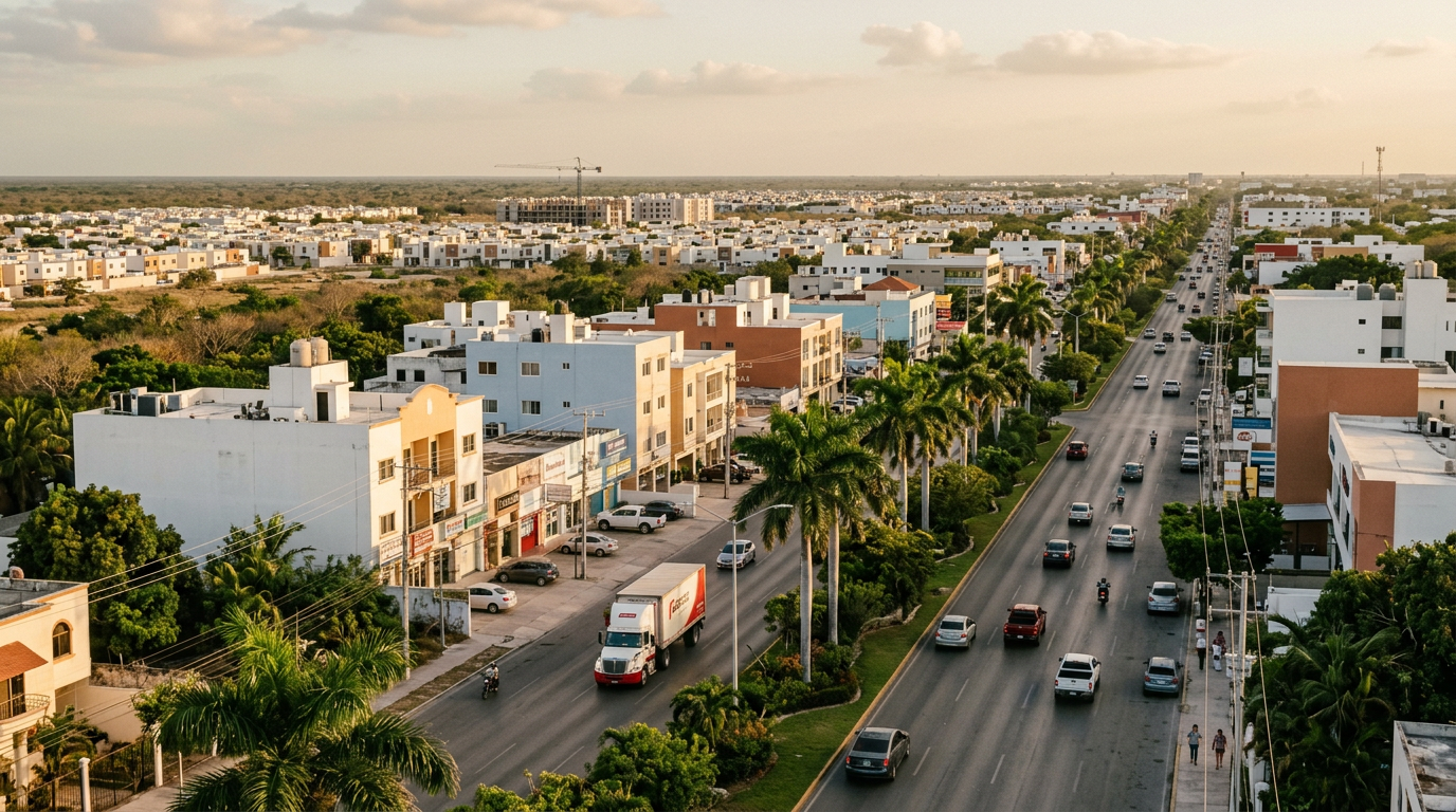 Expansión urbana real de Mérida: avenidas, baja altura típica y crecimiento en fraccionamientos